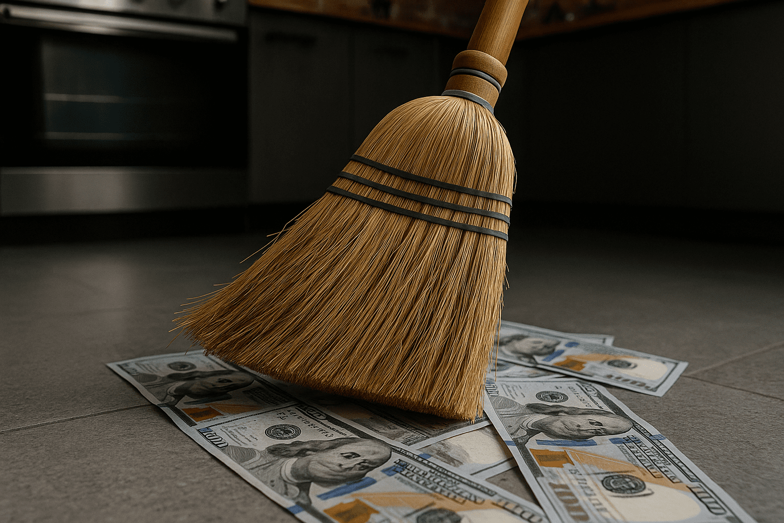 Spring cleaning broom sweeping up one hundred dollar bills