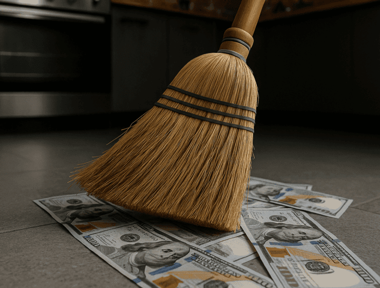 Spring cleaning broom sweeping up one hundred dollar bills