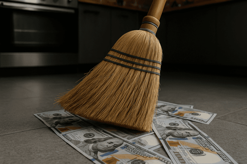 Spring cleaning broom sweeping up one hundred dollar bills